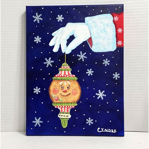 Acrylic Painting On Canvas Santa Hand Holding Gingerbread Ornament Signed New - Picture 1 of 9